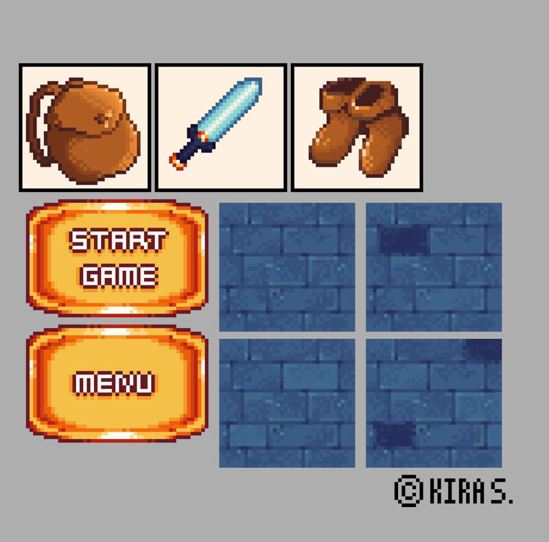 A collection of pixel icons for a nonexistent fantasy RPG